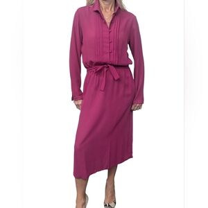 Vintage 80s Ms Chaus Magenta Pleated Shirt Dress Belted Midi Deadstock 9/10